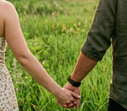 A couple holds hands in a lush field at sunset, as captured from behind in a perspective relevant to a love compatibility calculator.