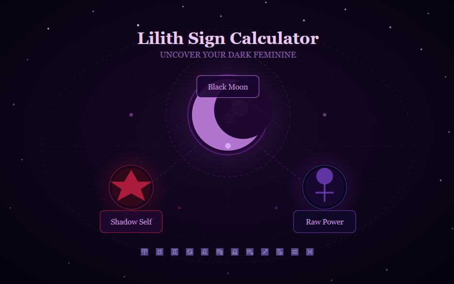 Lilith Sign Calculator illustration showing Black Moon Lilith, shadow self, and dark feminine energy symbols in a mystical cosmic setting