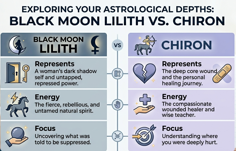 A clean visual comparison infographic titled Black Moon Lilith Vs. Chiron.