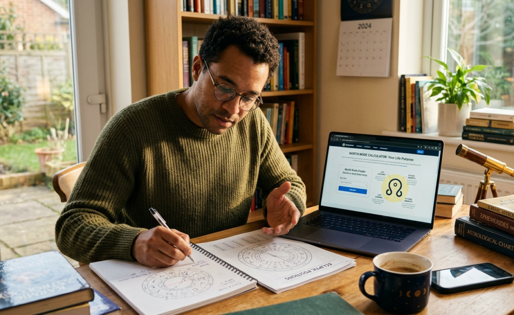 A man sitting at a desk studying astrology charts and taking notes while using a Free North Node Calculator on his laptop.