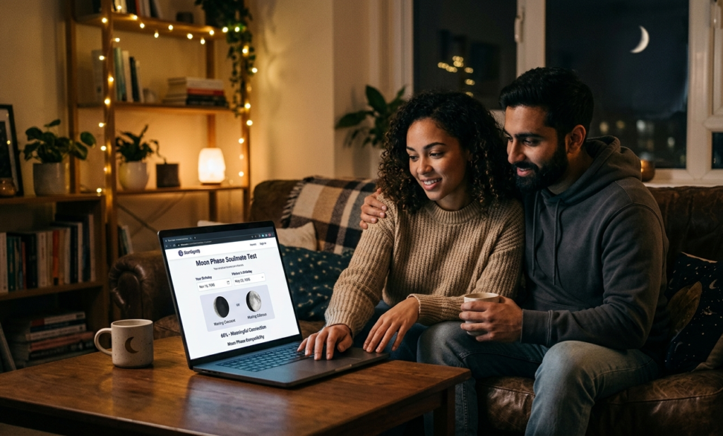 **"A cozy photograph of a couple sitting on a sofa and using a laptop and running moon phase soulmate calculator with the crescent moon visible in the window.