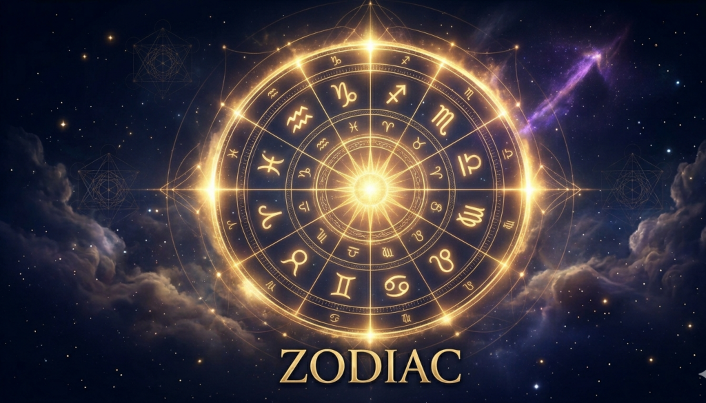 An illustrative, golden, glowing zodiac wheel featuring all twelve astrological symbols against a dark, cosmic background with nebulas and sacred geometry.