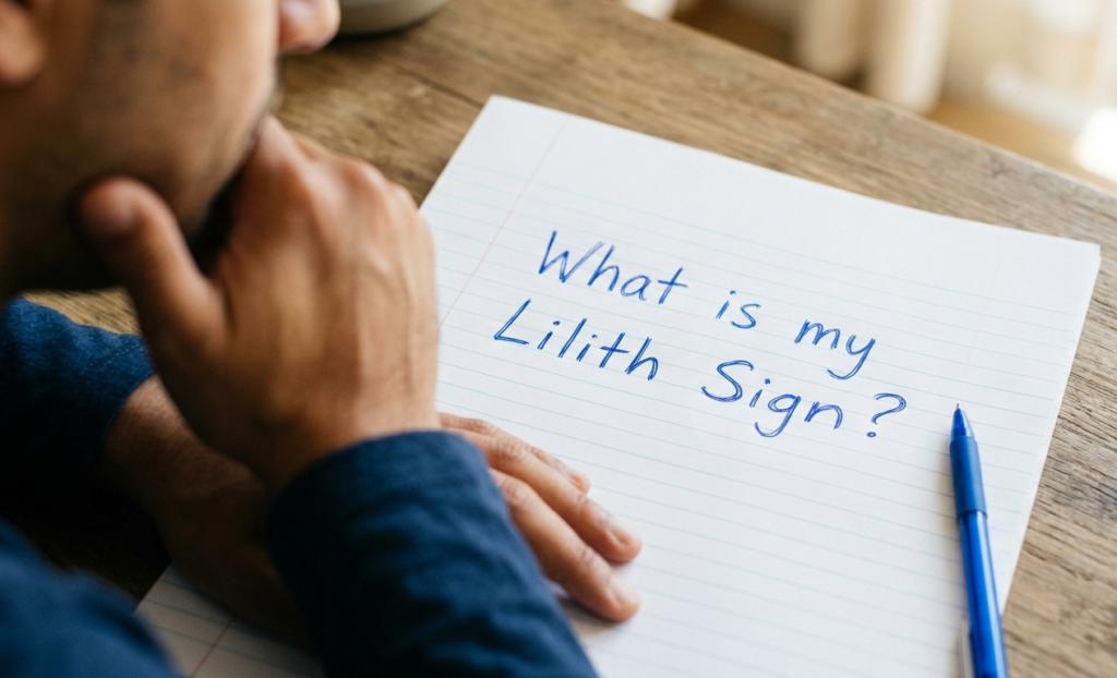 A thoughtful man looks at lined paper with handwritten blue text asking What is my Lilith Sign
