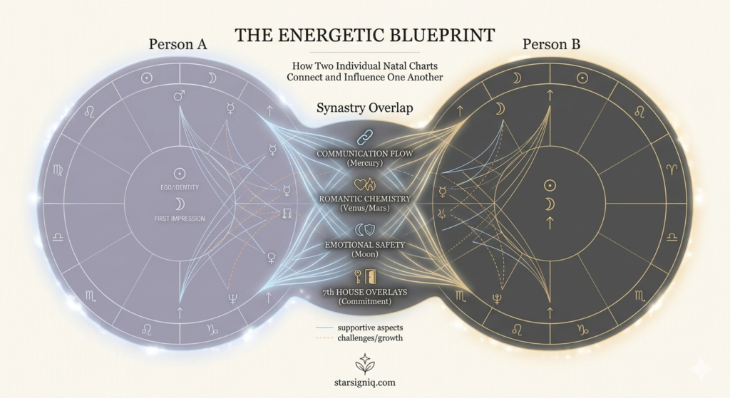 Infographic demonstrating how a synastry chart calculator analyzes the 'energetic blueprint' and compatibility between two individuals.