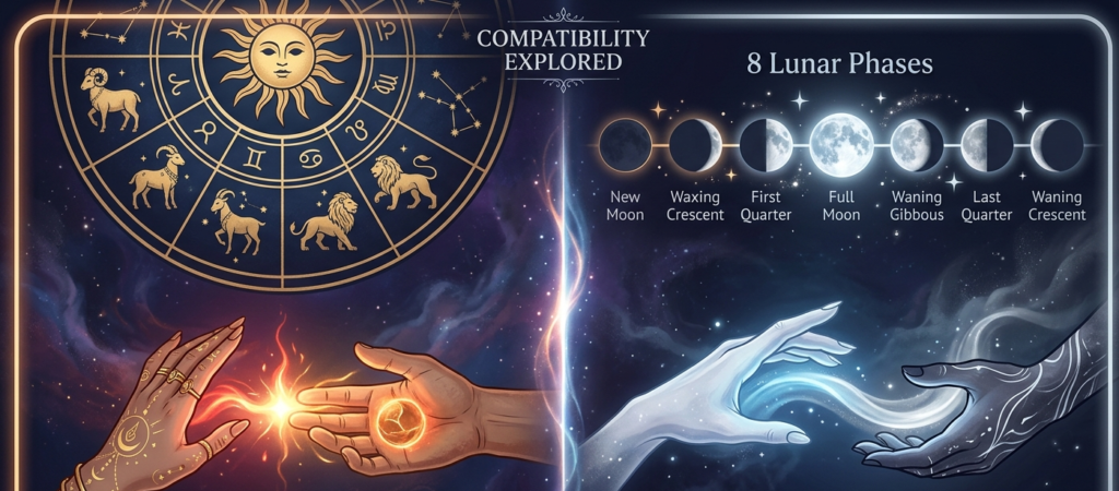 A split image illustrating the core Moon Phase vs Zodiac Sign Difference in relationship compatibility through a traditional astrology chart and the eight lunar phases.