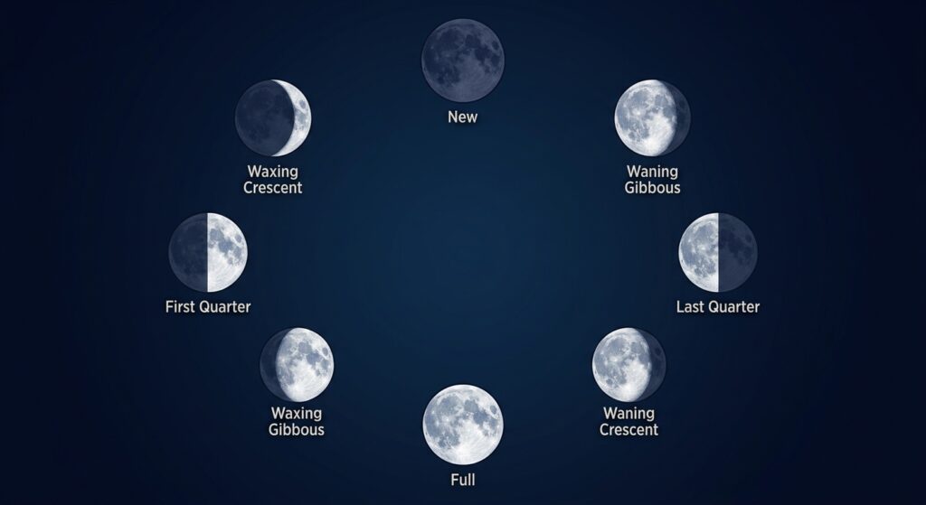 A clean image of 8 moon phases with the answer of 'What Moon Phase Symbolizes Love?
