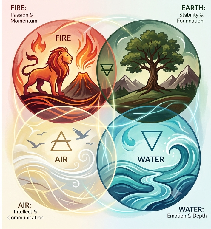 Stylized illustration of Fire, Earth, Air, and Water symbols
