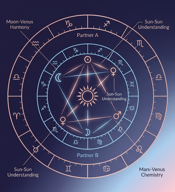 Abstract synastry astrology chart showing connection points