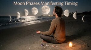 A man meditates on a beach at night beneath a sequence of lunar phases and the text, Moon Phases Manifesting Timing.