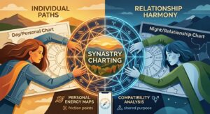 A colorful graphic illustrating synastry aspects explained in simple terms across individual natal charts.
