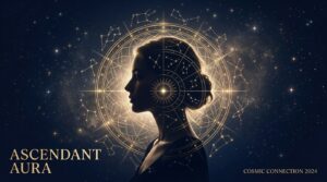A serene woman's profile backlit by a glowing golden zodiac wheel, ideal for an editorial graphic exploring the most attractive rising sign in astrology.