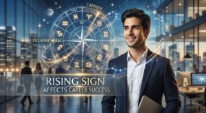 A successful businessman smiling in an office, with a detailed astrological chart overlay highlighting how Rising Sign Affects Career Success.